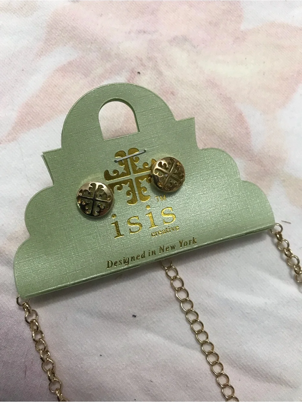 Isis Creative Gold Tone Brown Rhinestone Stud Earrings and Necklace Set 18”